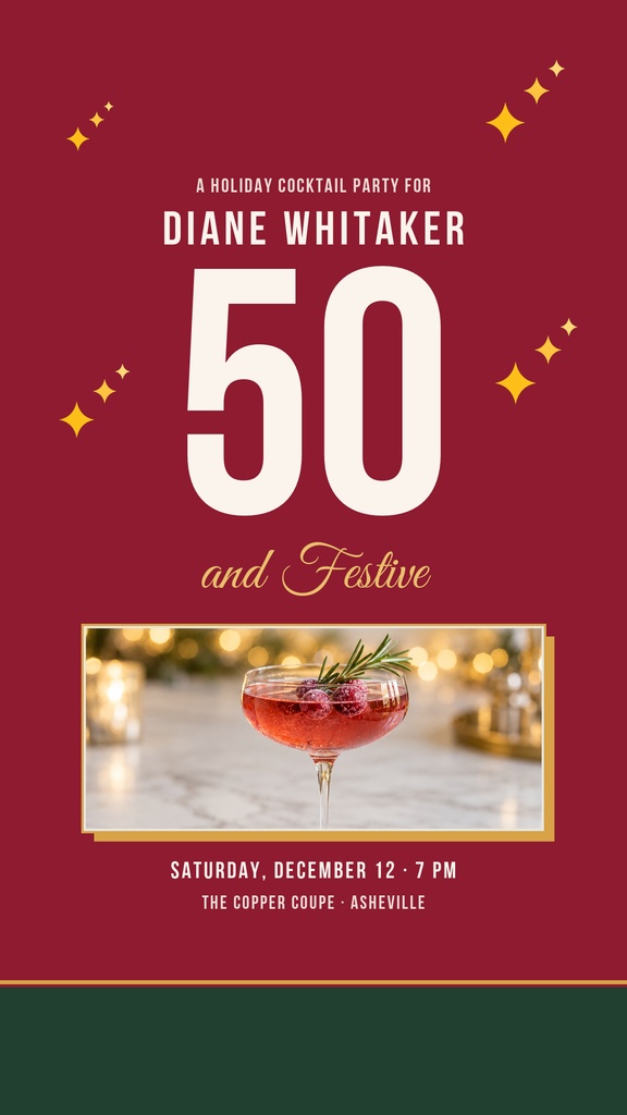 Maroon Instagram story invitation with gold accents, large 50, and a cocktail photo.