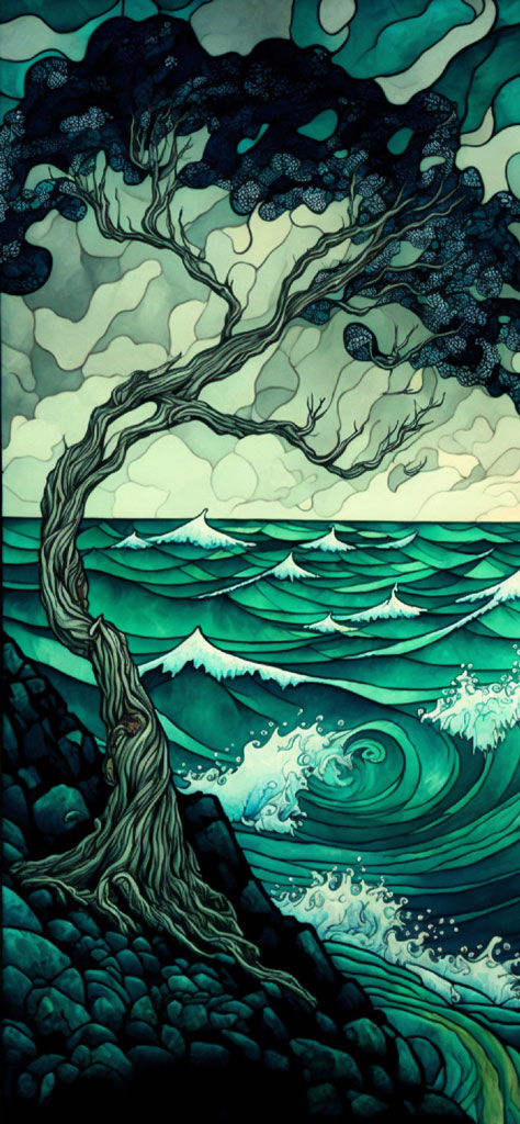 Illustration of a twisted tree on a rocky shoreline with crashing waves