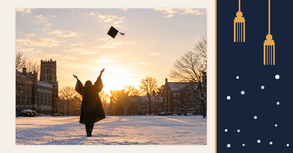 Winter graduation scene with a graduate tossing a cap at sunset beside a navy panel with hanging gold tassels and dots.