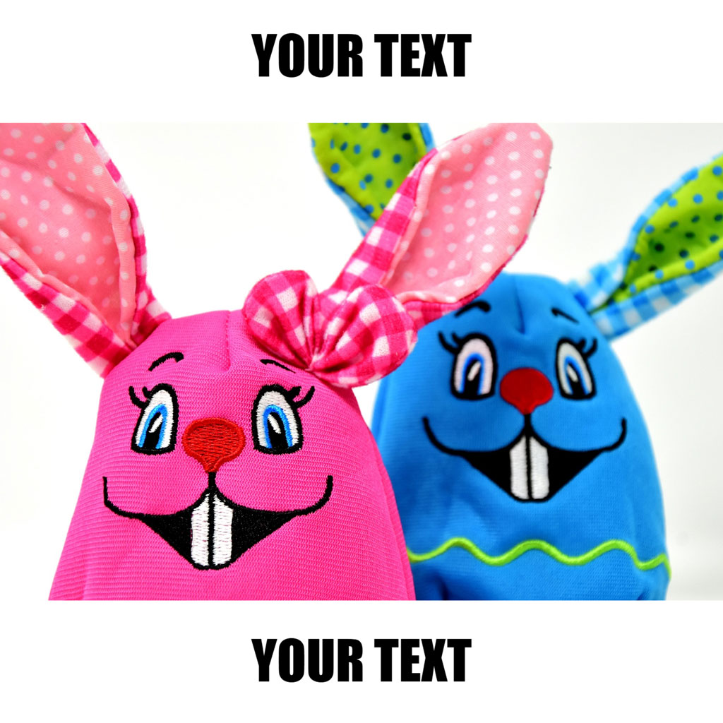 Two Easter bunny templates with customizable text, one pink and one blue, with colorful ears