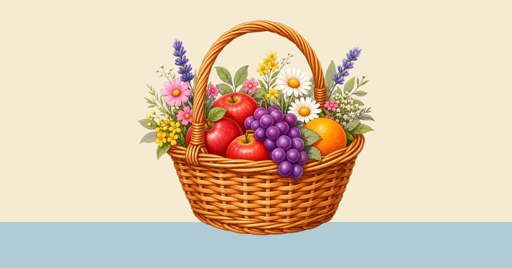 Woven basket filled with fruit and flowers on a soft pastel background.