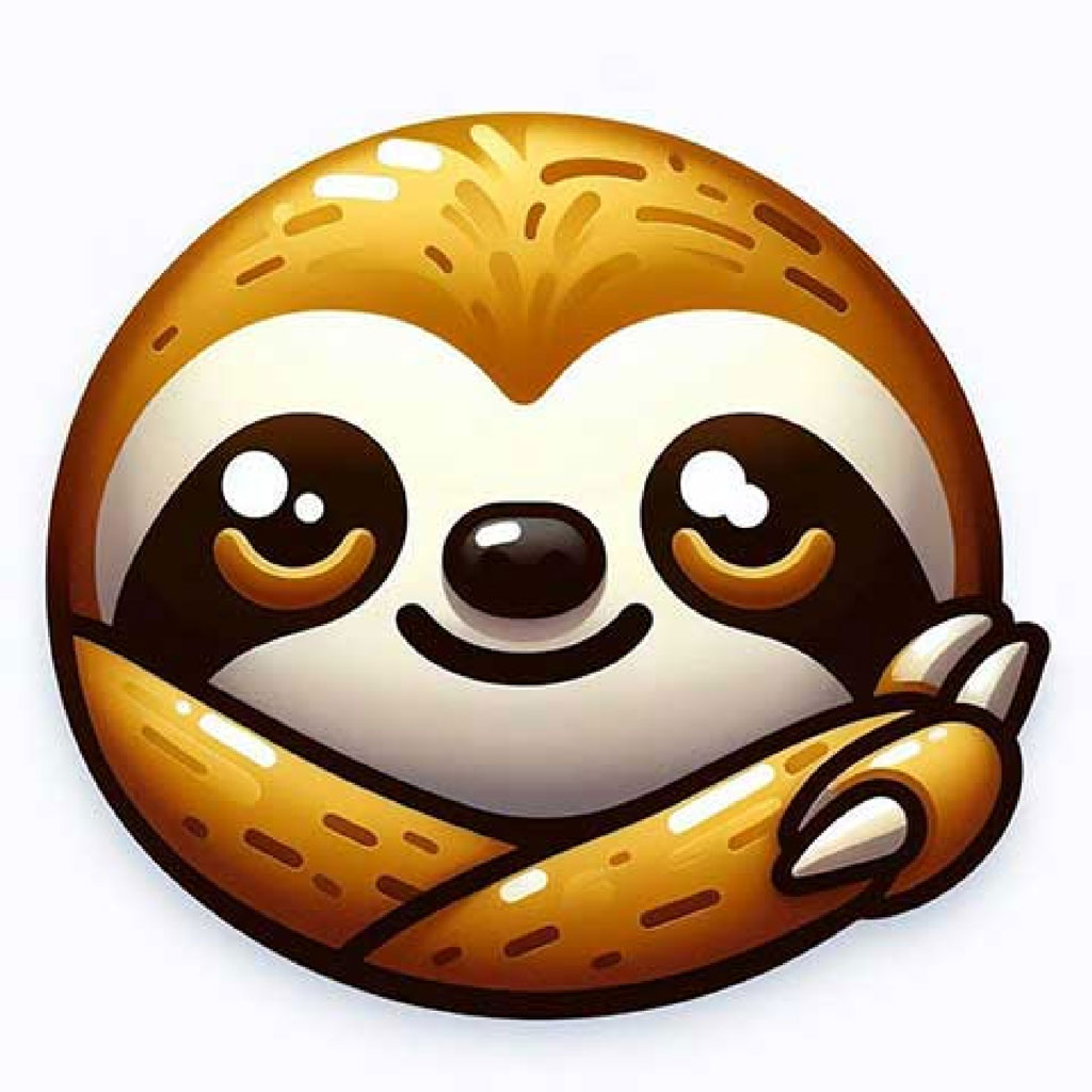 A smiling cartoon sloth with brown and beige fur