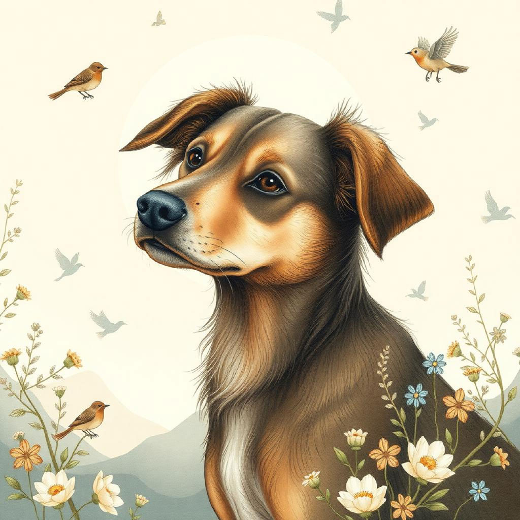 Illustration of a woman in a flowing dress surrounded by blooming branches and birds flying around her under a full moon.