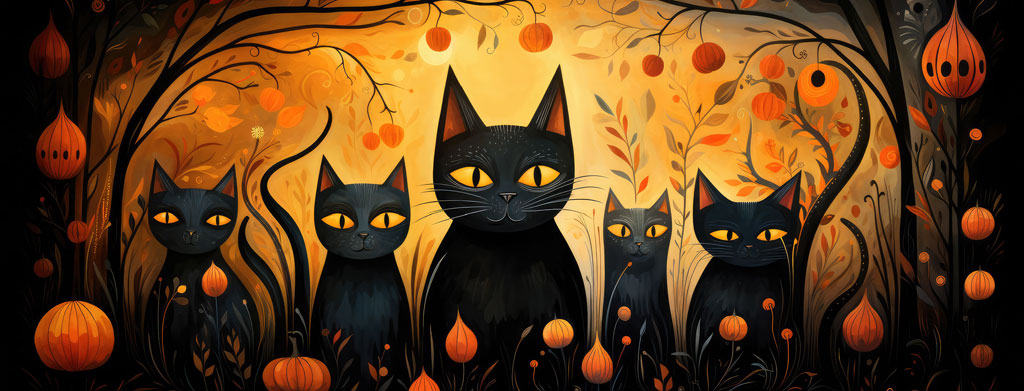 Illustration of black cats with yellow eyes among pumpkins and autumn foliage.