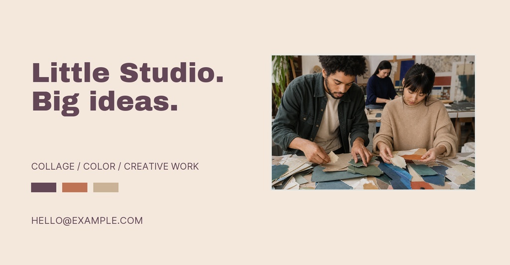 Facebook cover with Little Studio Big Ideas text and two people working at a table with paper pieces