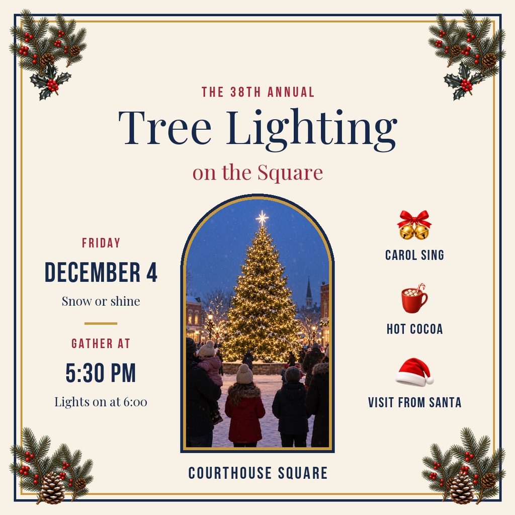 Holiday flyer with a lit Christmas tree in the center, event details, and festive corner decorations.