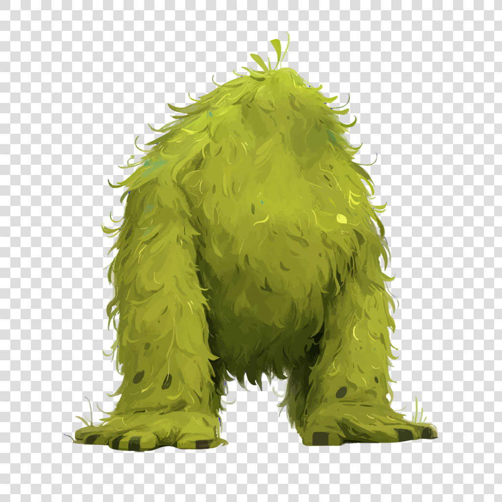 A large, green, furry creature with a rounded body and shaggy texture