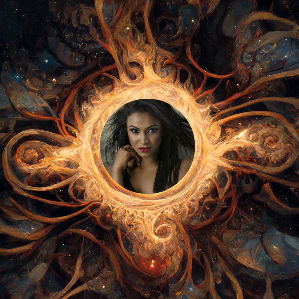 Woman in a circular portal with swirling orange and yellow flames