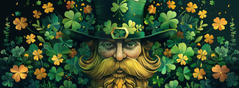 Illustration of a leprechaun's face with a green hat and beard surrounded by shamrocks and flowers