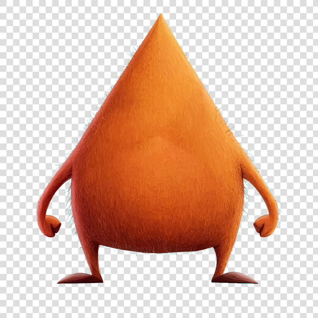 Orange teardrop-shaped cartoon character with three legs and two arms.