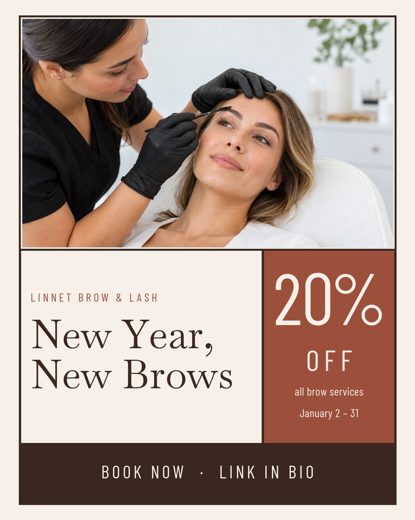 Portrait salon promo template featuring a brow artist, a client, and 20% off New Year brows text.