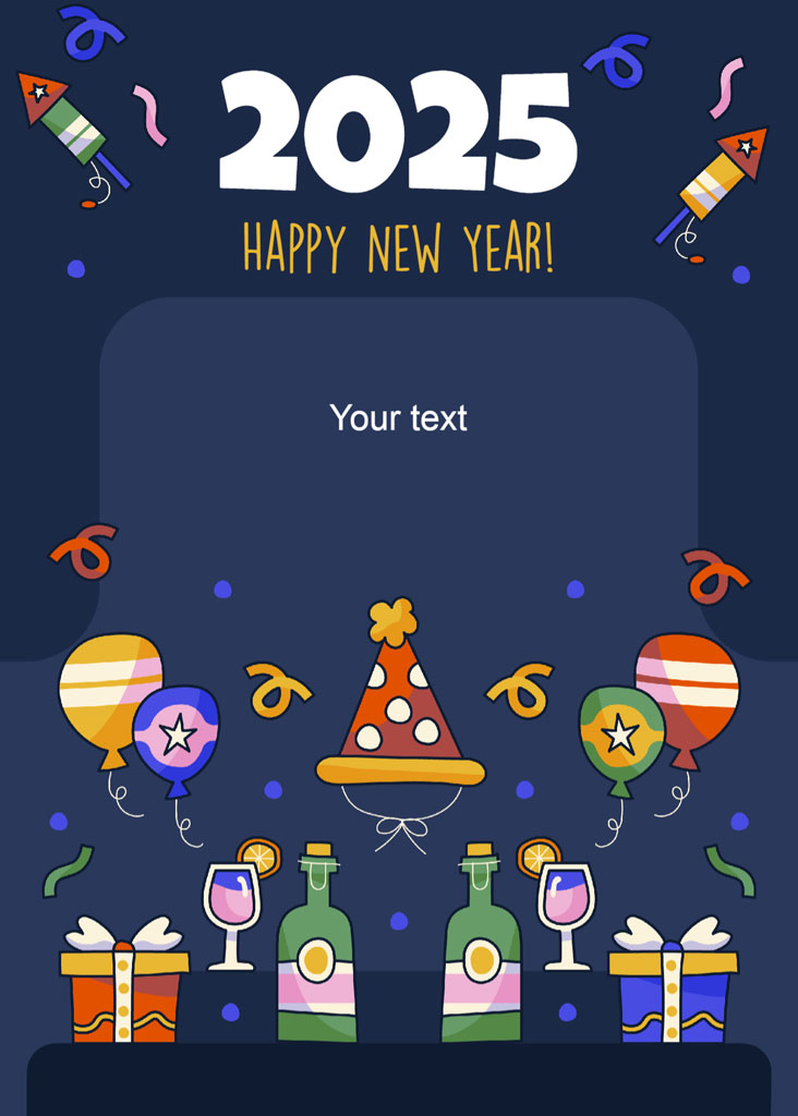 New Year's celebration graphic with balloons and party hats for 2025