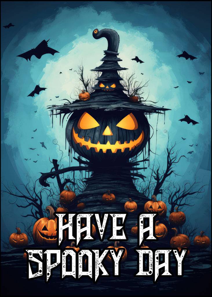 A spooky jack-o'-lantern with a witch's hat surrounded by bats and pumpkins.