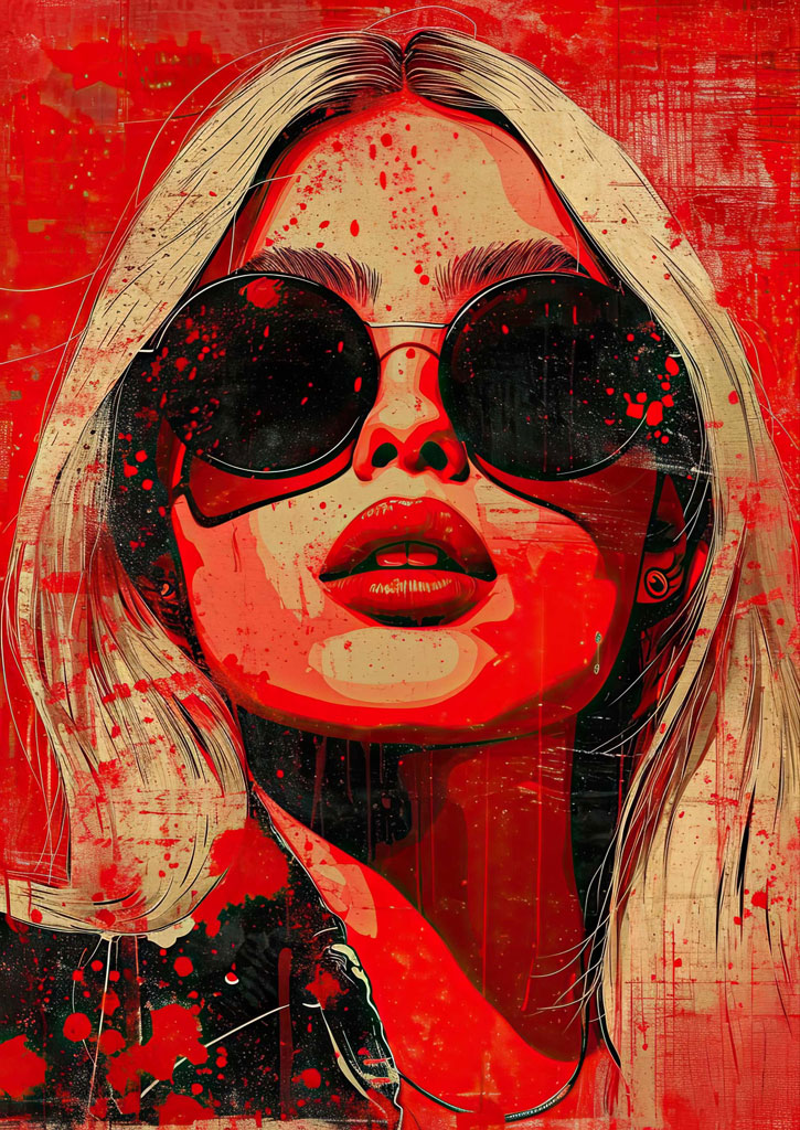 A woman with sunglasses on a red background