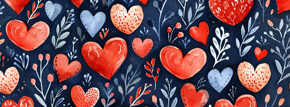 Repeating pattern of red hearts and flowers on a dark blue background