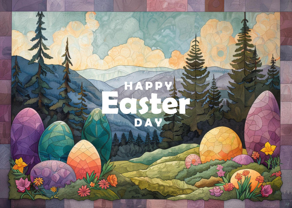 Colorful Easter eggs amidst a serene forest landscape with 'Happy Easter Day' text