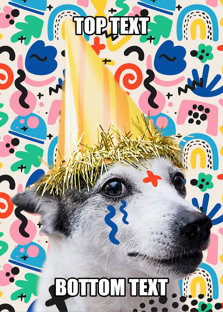 A dog wearing a gold party hat with colorful background and placeholder text.