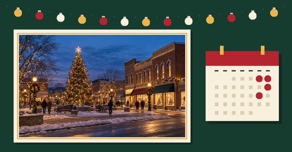 Festive winter street scene with a lit Christmas tree and hanging holiday ornaments beside a calendar graphic.