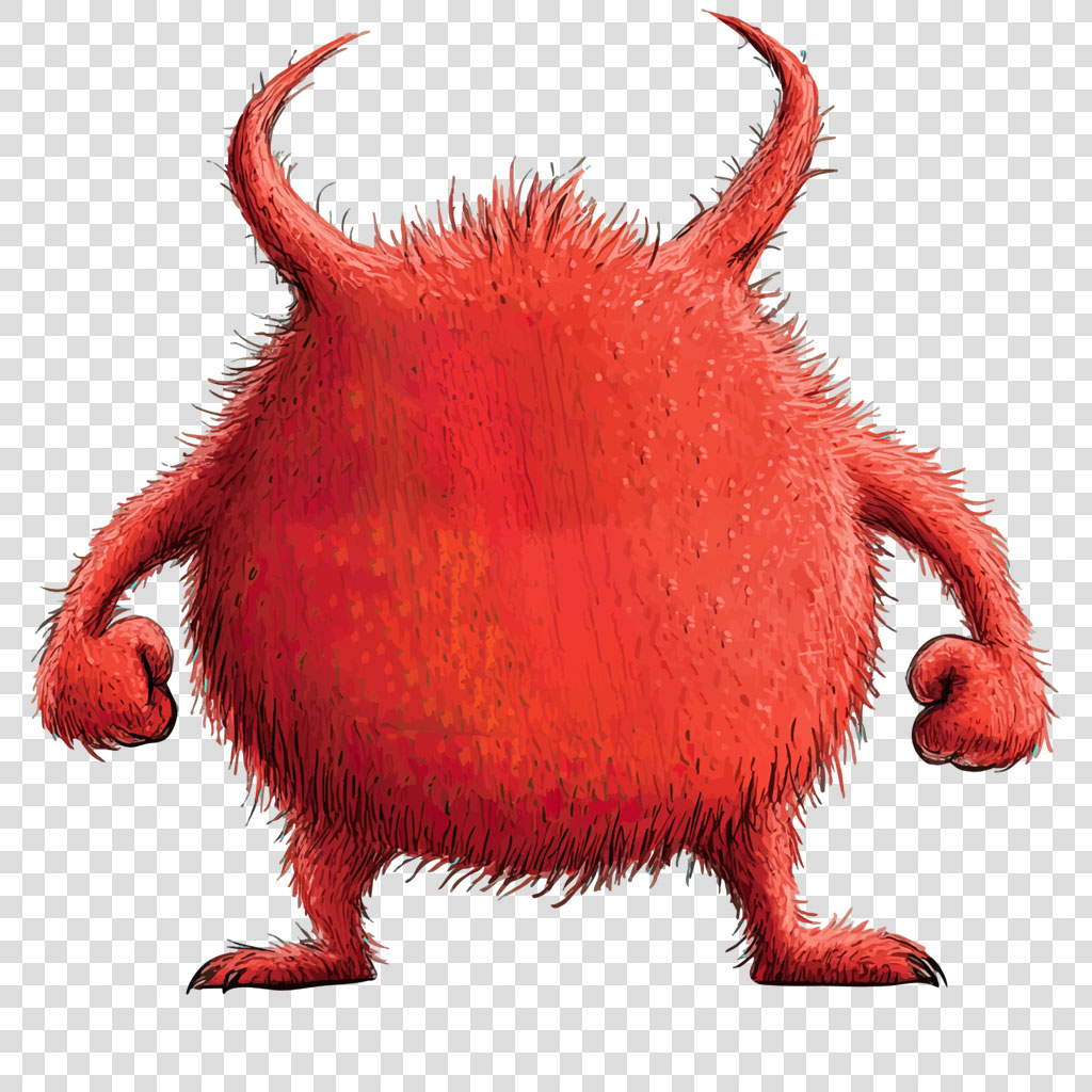 A red monster with horns and a furry body