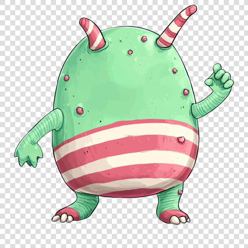 A cartoon monster with a green body, candy cane horns, and a striped belly.