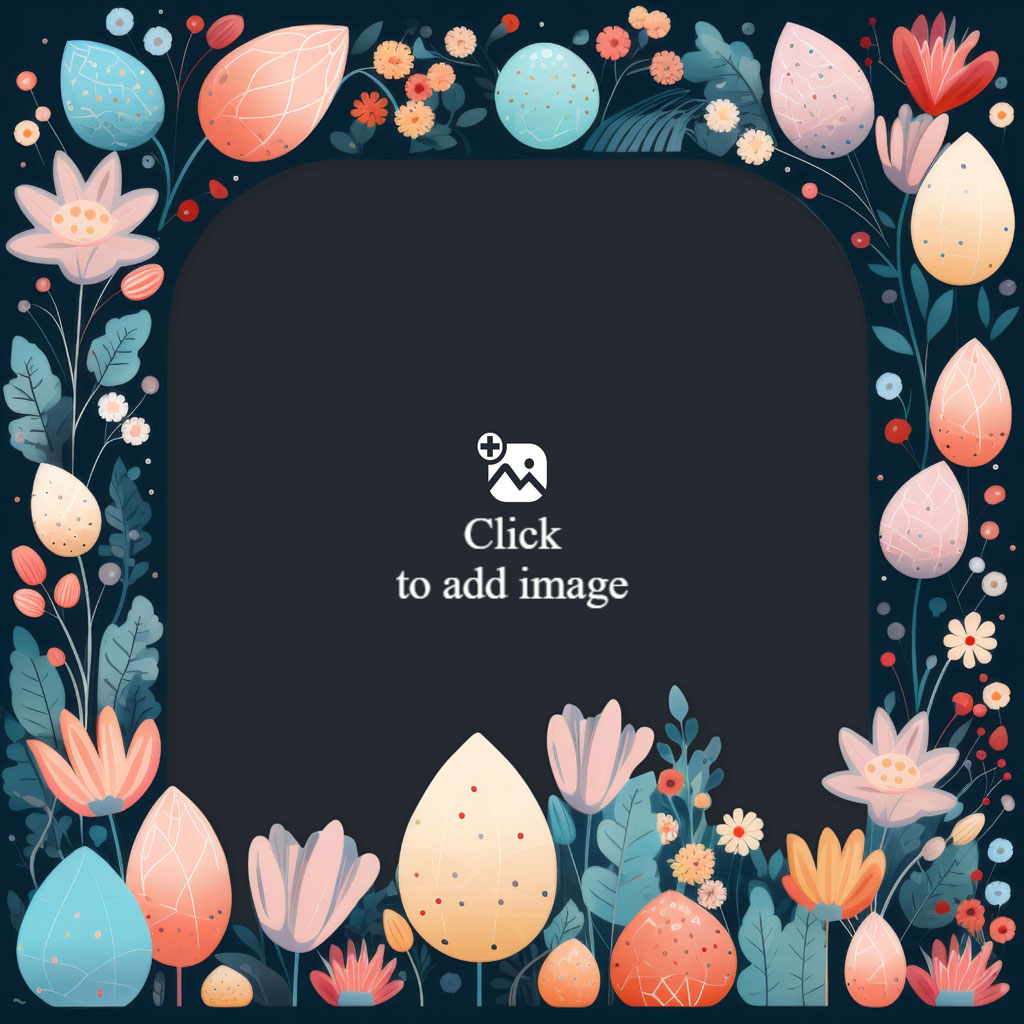An Easter floral frame with colorful flowers and eggs on a dark background.
