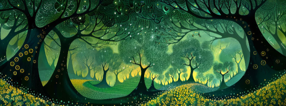 A mystical forest landscape with glowing green trees and yellow flowers.