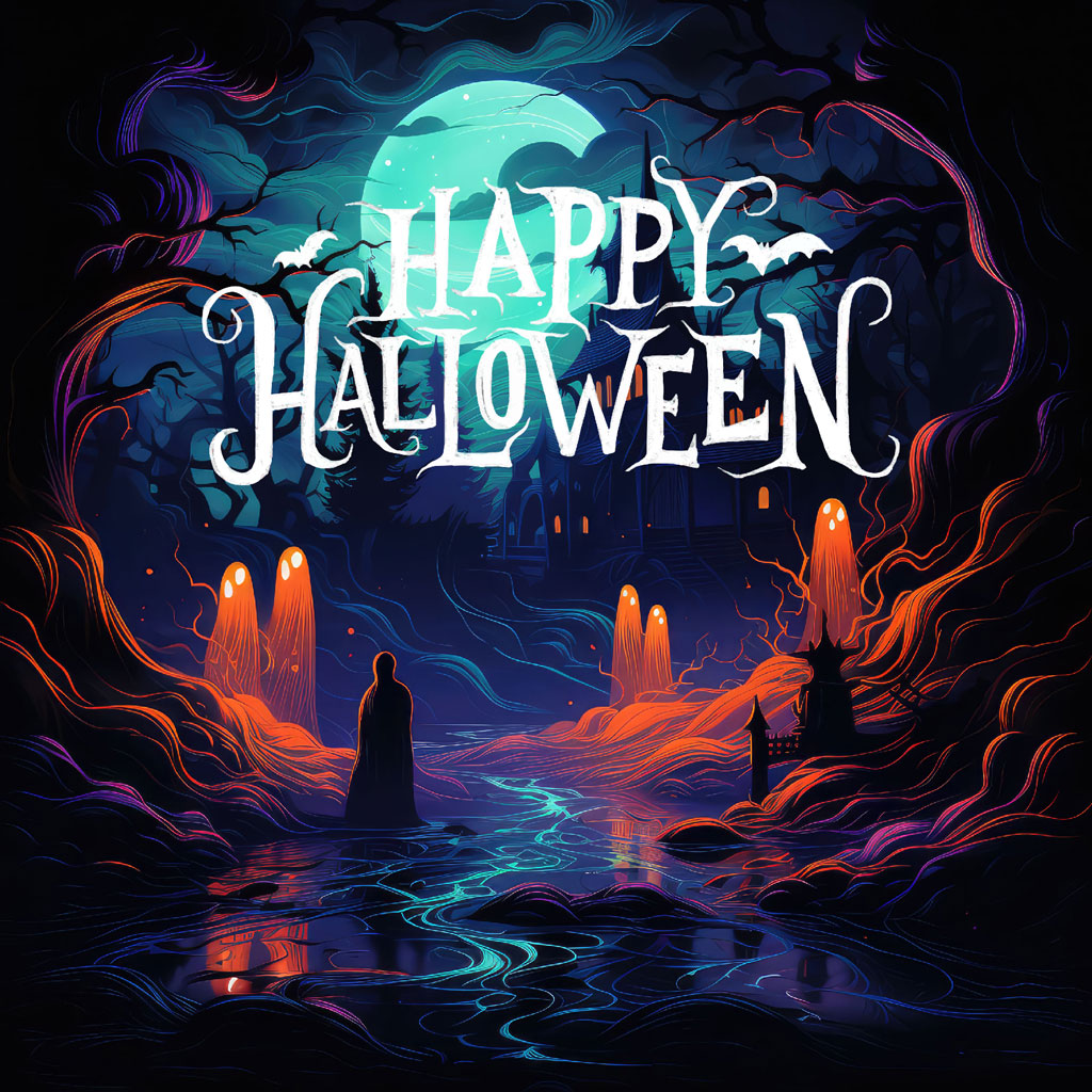 A dark Halloween scene with a person standing in front of glowing spirits and a full moon.