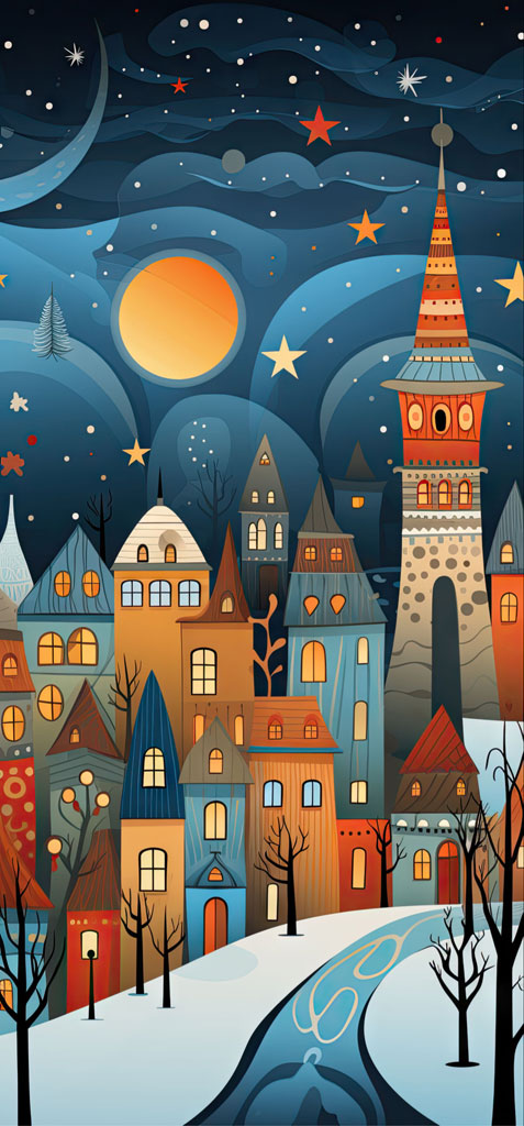 Illustration of a vibrant winter village with variously colored houses and a tall tower, set against a dark blue night sky filled with stars