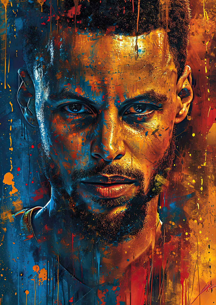 A man with a beard and short hair, painted in a mix of blue, orange, and red colors.