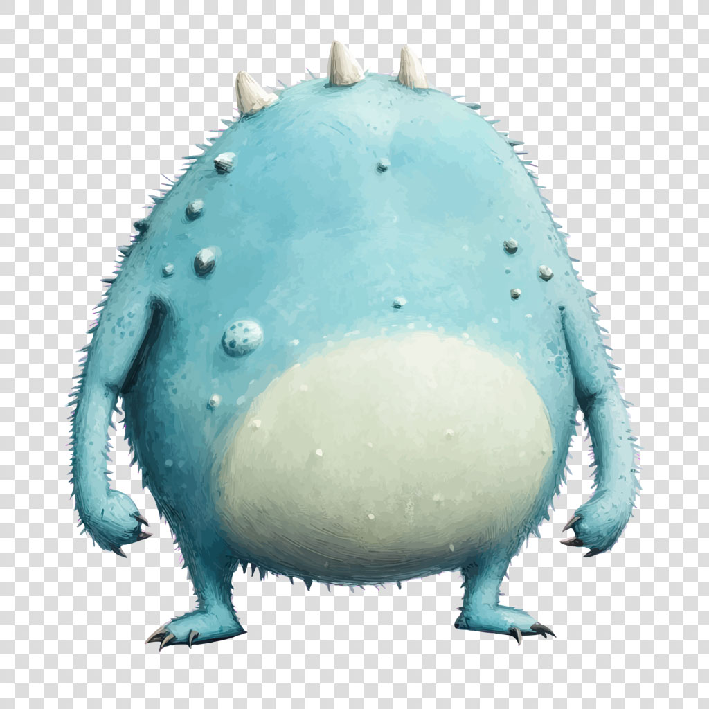 A blue monster with a round body, small spikes, and a large white belly.