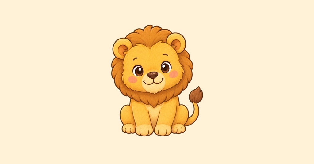 Cute cartoon baby lion sitting on a soft beige background.