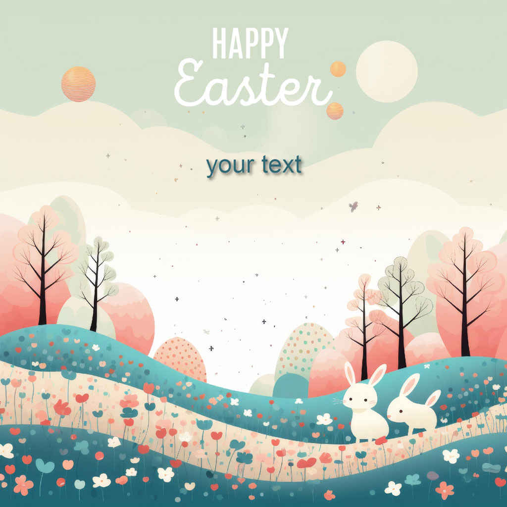 Easter greeting card with bunnies and eggs