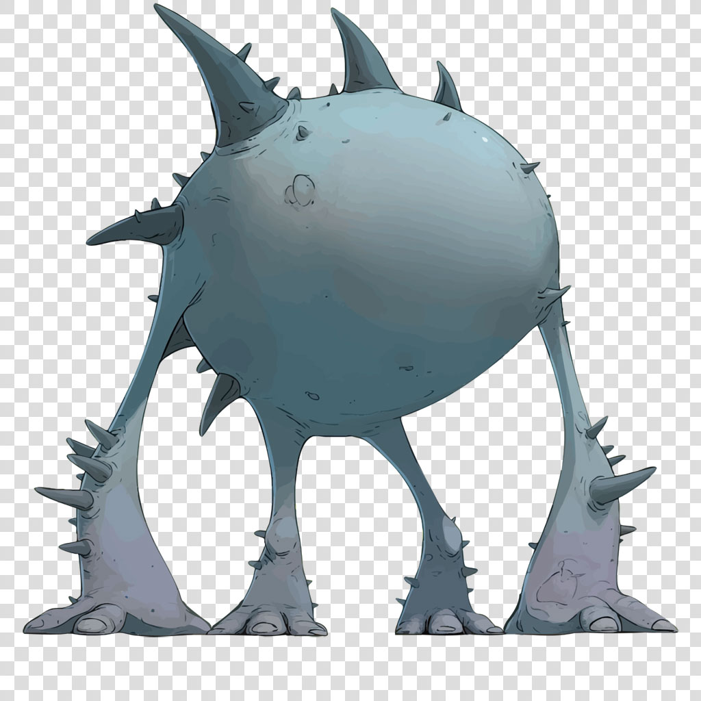 A blue-gray creature with a large, round body and three spiky legs.