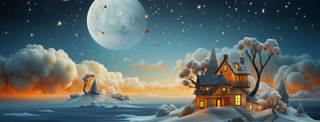 A house on a snowy hill with a full moon and stars in the sky