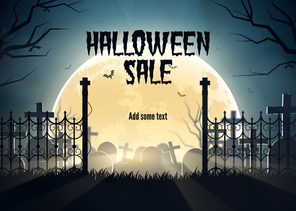 Halloween sale banner with a graveyard and full moon