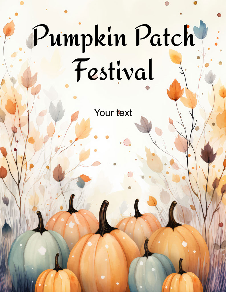 Watercolor illustration of pumpkins and fall leaves for Pumpkin Patch Festival