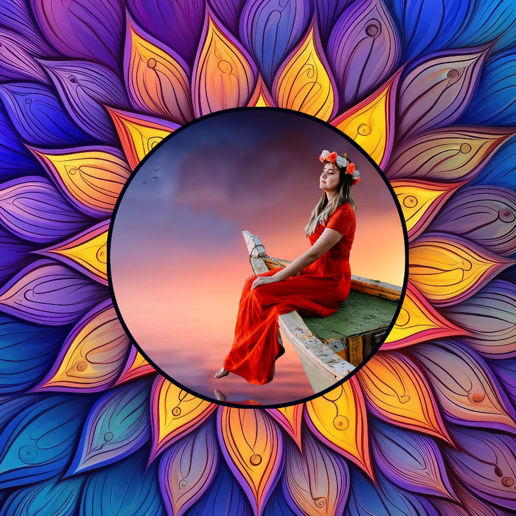 Woman in red dress with flower crown sitting on a stone bench within a colorful mandala