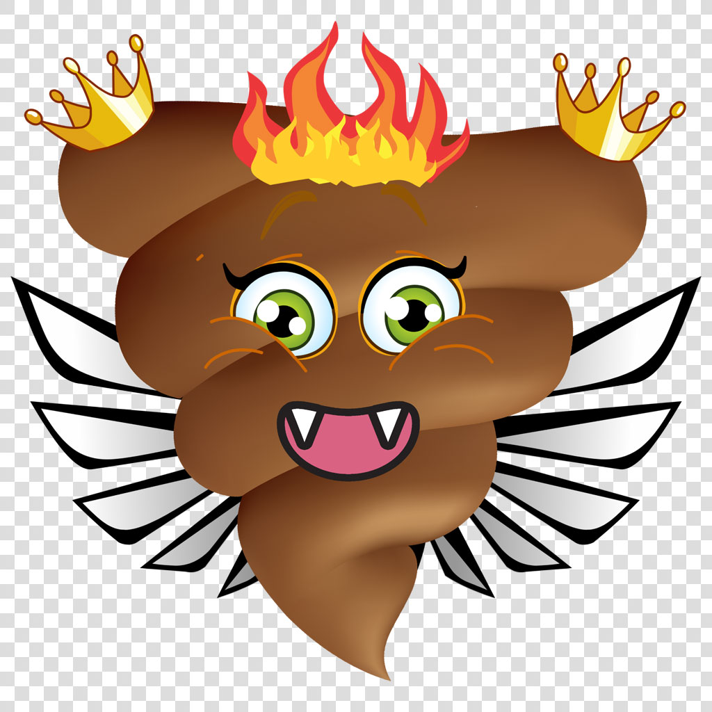 Cartoon feces with crown and wings