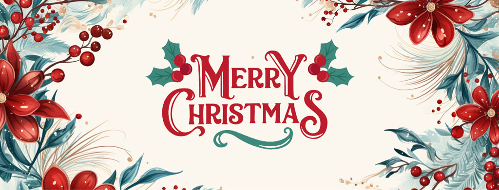 Merry Christmas greeting card with red flowers and holly leaves