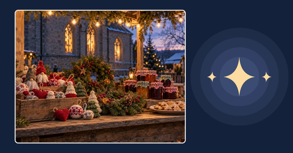 Festive outdoor Christmas market table with holiday treats, decorations, and warm lights beside a church