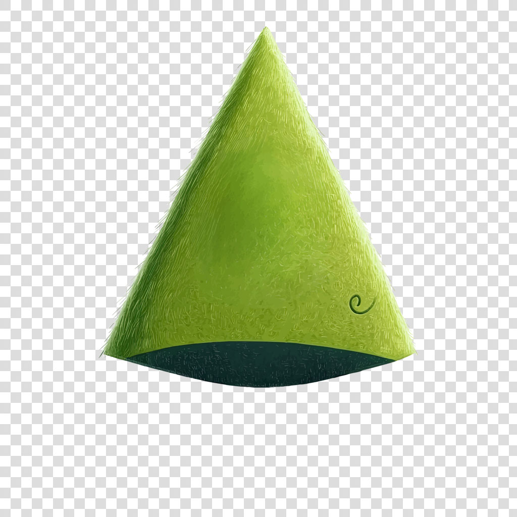 A green party hat with a curl on the side