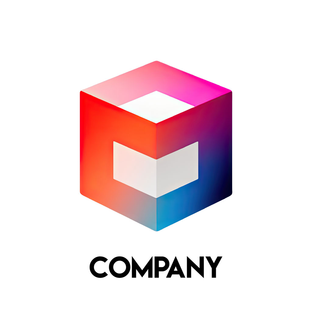 Company logo with a 3D cube and gradient colors