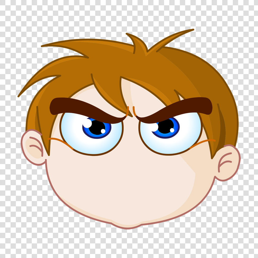 Cartoon boy with furrowed eyebrows and intense blue eyes
