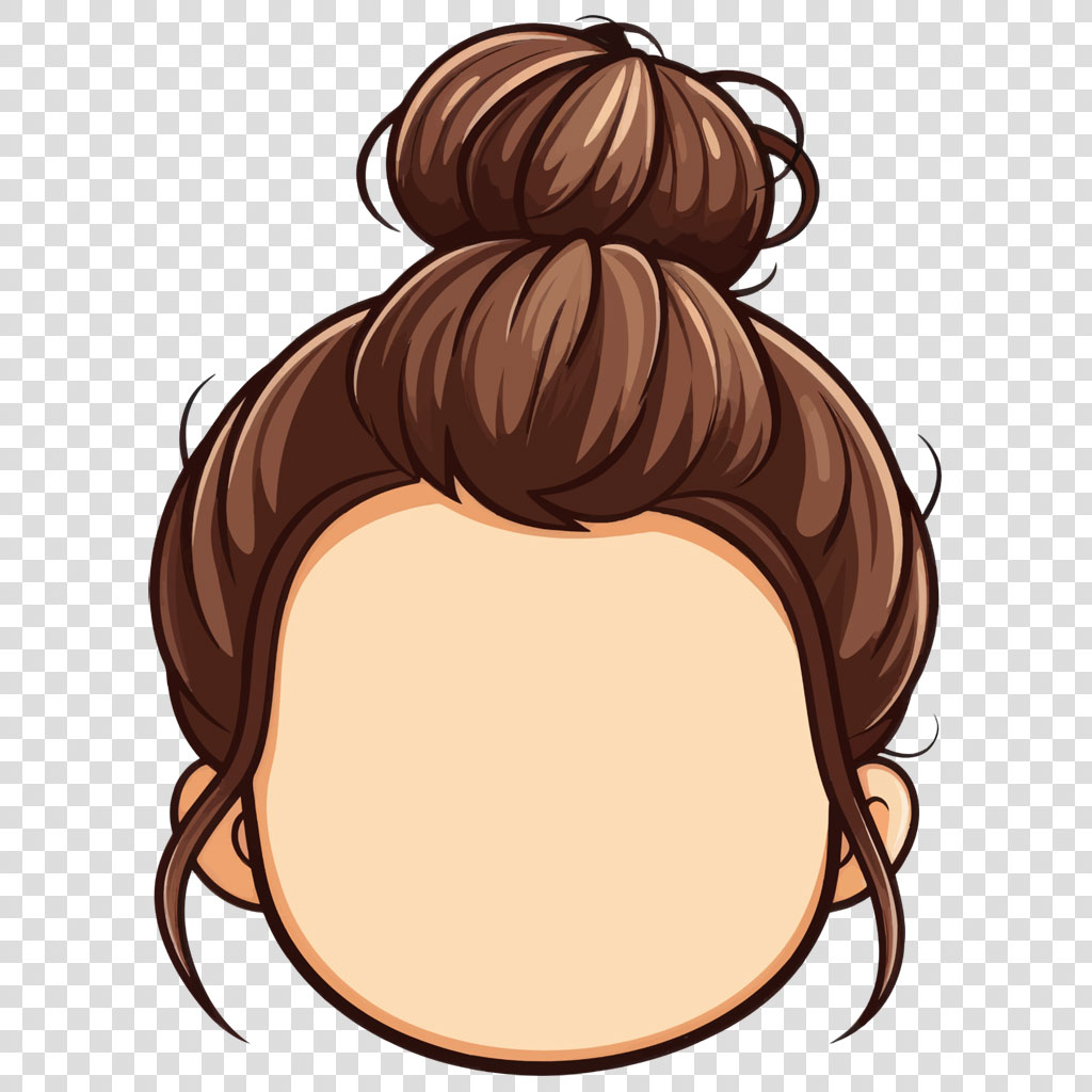 Cartoon illustration of a woman's head with brown hair in a bun