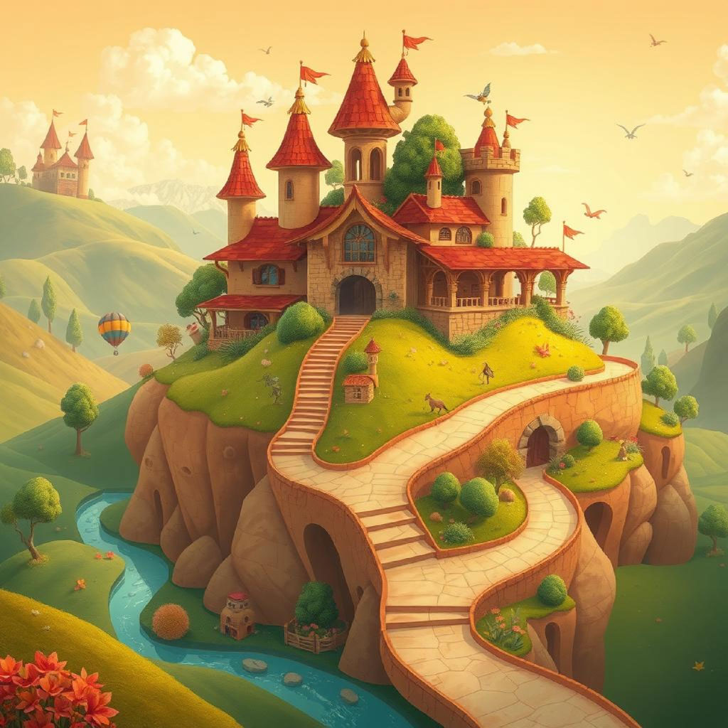 Illustration of a fantasy castle on a cliff with red roofs and towers
