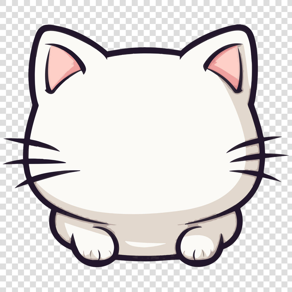 A cute cartoon white cat with pink ears and black whiskers