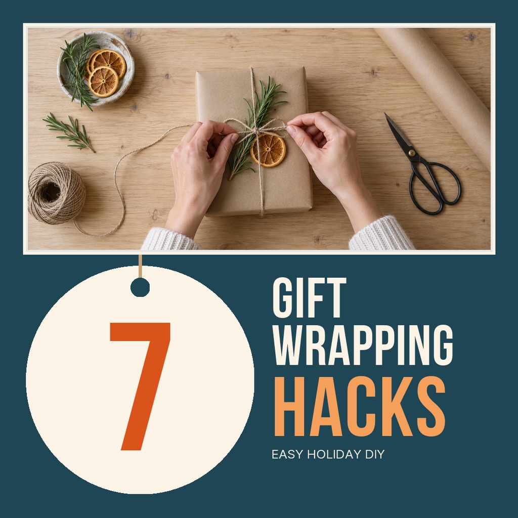 Hands tying string around a wrapped gift with scissors, twine, and dried citrus on a wooden table.