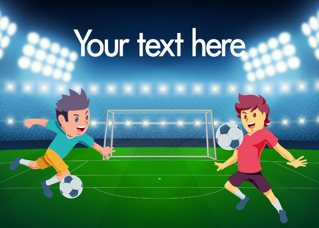 Two cartoon boys playing soccer