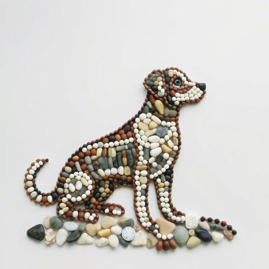 A mosaic dog made from various colored pebbles and stones.