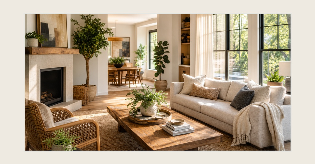Bright living room with beige sofa, wooden coffee table, fireplace, plants, and large windows.